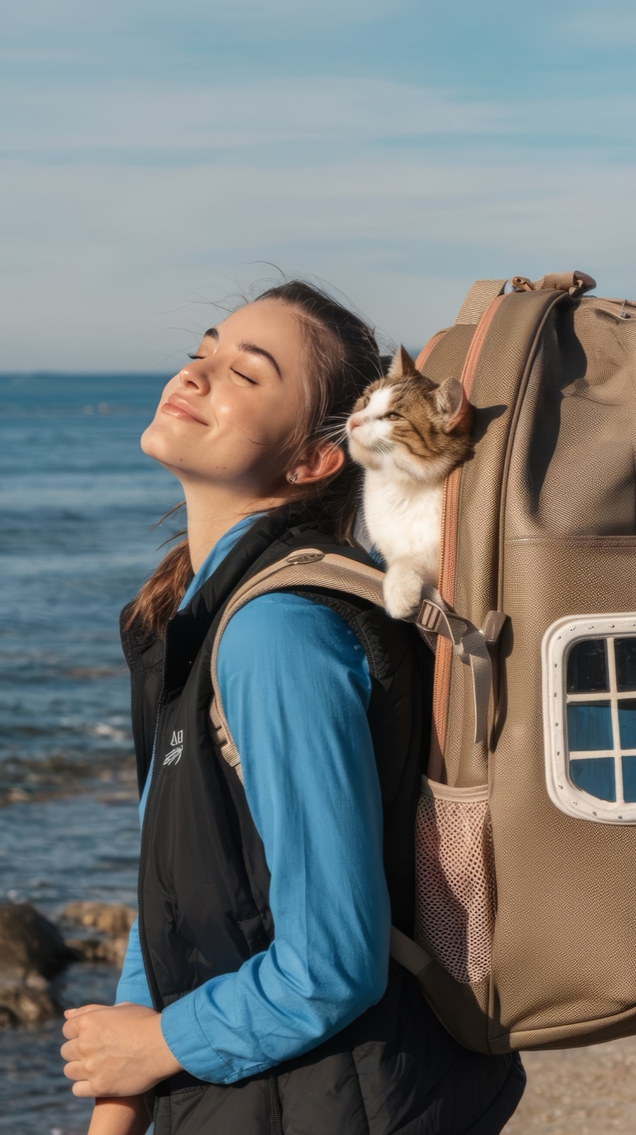 Tutora viajando à beira-mar com seu gato em mochila de transporte